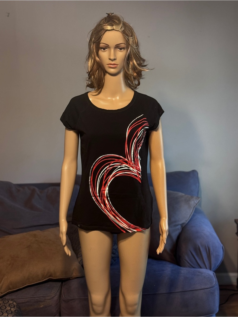 Ideology Black Short Sleeve Tee with Red & White Heart Swirl Graphic